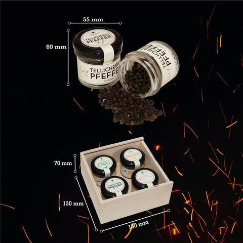 Geschenkset mit 4 Gourmetgewürzen im edlen Gourmetkästchen - wellnuss Premium Präsente