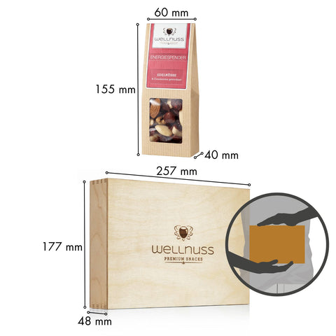 Selektion von 4 Snacks in Birkenholzbox - Ladies Night - wellnuss Premium Präsente