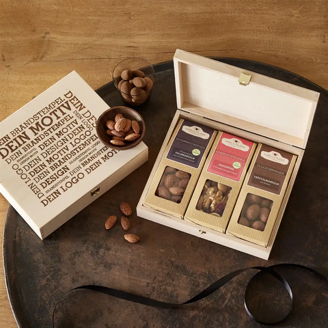 3 Premium Snacks in der Birkenholzbox