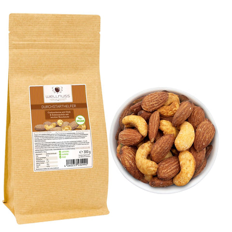 Durchstarthelfer - Ofengeröstete Cashewkerne mit Chili und rauchige Salzmandeln in 300 g Packung. Perfekter Snack für Energie und würzigen Genuss.