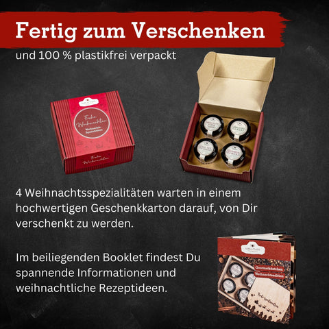 Geschenkkarton mit Lebkuchengewürz, Glühweingewürz, Chai Tee und Haselnusskerne mit Vollmilchschokolade & Zimt - wellnuss Premium Präsente