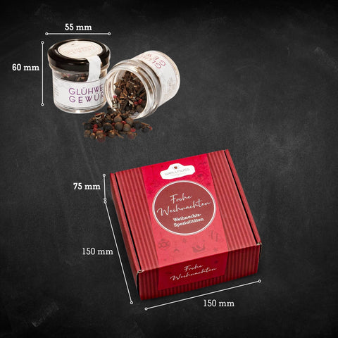 Geschenkkarton mit Lebkuchengewürz, Glühweingewürz, Chai Tee und Haselnusskerne mit Vollmilchschokolade & Zimt - wellnuss Premium Präsente