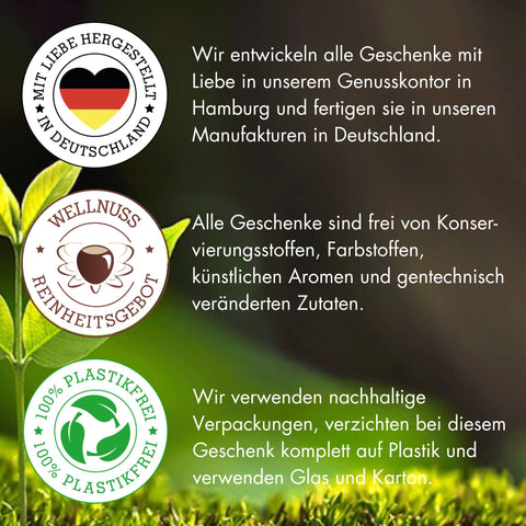 Geschenkkarton mit Lebkuchengewürz, Glühweingewürz, Chai Tee und Haselnusskerne mit Vollmilchschokolade & Zimt - wellnuss Premium Präsente