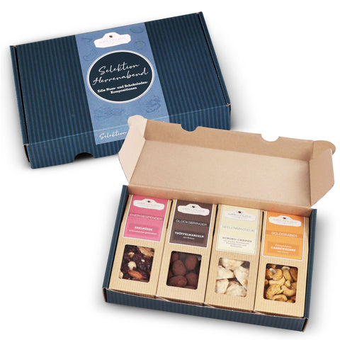 Geschenkkarton Herrenabend mit 4 Premium Snacks - wellnuss Premium Präsente