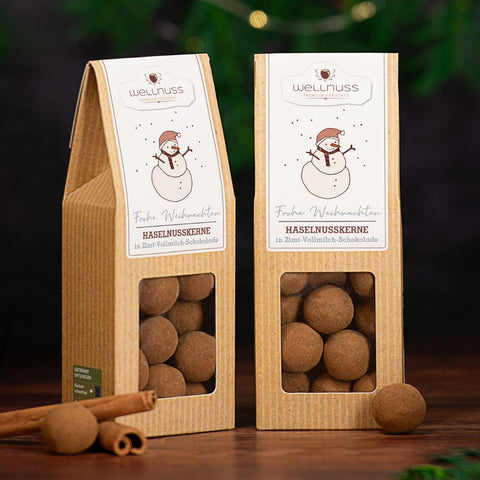 Gebrannte Mandeln und Haselnusskerne mit Vollmilchschokolade & Zimt im Geschenkkarton - wellnuss Premium Präsente