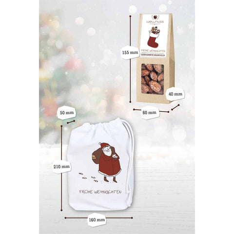 Gebrannte Mandeln und Haselnusskerne mit Vollmilchschokolade & Zimt im Baumwollsäckchen - wellnuss Premium Präsente