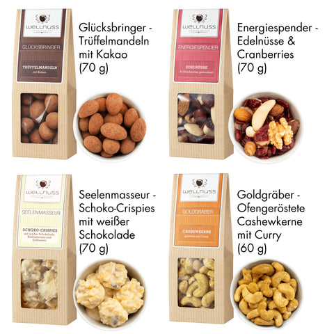 Selektion von 8 Snacks in Birkenholzbox - Herrenabend - wellnuss Premium Präsente