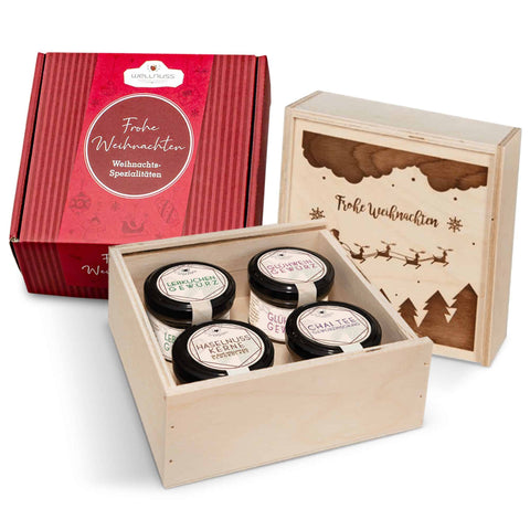 Gourmetkästchen mit Lebkuchengewürz, Glühweingewürz, Chai Tee und Haselnusskerne mit Vollmilchschokolade & Zimt - wellnuss Premium Präsente