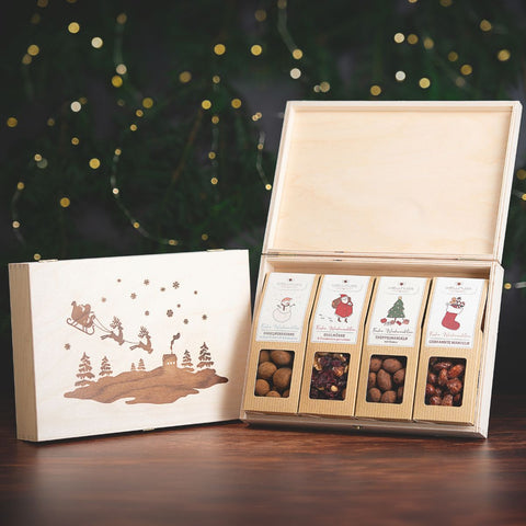 "Limitierte Weihnachtsedition" - 4 Weihnachts-Snacks in der Birkenholzbox - wellnuss Premium Präsente