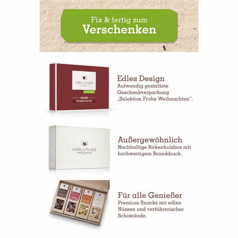 Selektion von 4 Snacks in Birkenholzbox - Frohe Weihnachten - wellnuss Premium Präsente