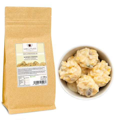 Seelenmasseur - Schoko-Crispies mit weißer Schokolade, Kürbiskernen und Erdbeeren (300 g) - wellnuss Premium Präsente