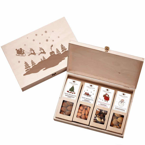 "Limitierte Weihnachtsedition" - 4 Weihnachts-Snacks in der Birkenholzbox - wellnuss Premium Präsente