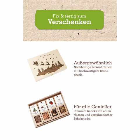 "Limitierte Weihnachtsedition" - 4 Weihnachts-Snacks in der Birkenholzbox - wellnuss Premium Präsente