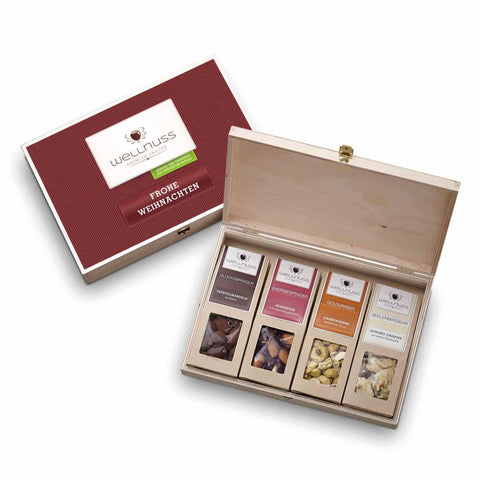Selektion von 4 Snacks in Birkenholzbox - Frohe Weihnachten - wellnuss Premium Präsente