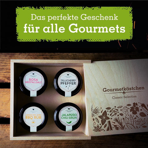 Geschenkset mit 4 Gourmetgewürzen im edlen Gourmetkästchen - wellnuss Premium Präsente