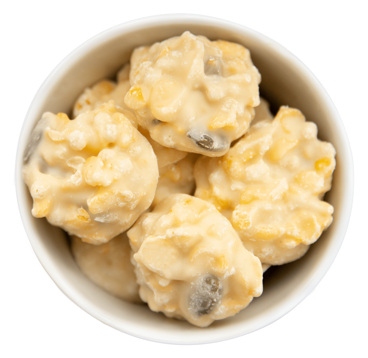 Schoko-Crispies mit weißer Schokolade, Kürbiskernen und Erdbeere