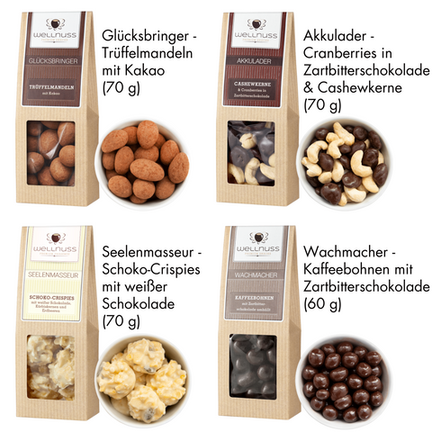 Vier Premium-Snacks im Geschenkset 'Best of Chocolate': Trüffelmandeln, Cranberries, Schoko-Crispies und Kaffeebohnen in Schokolade.