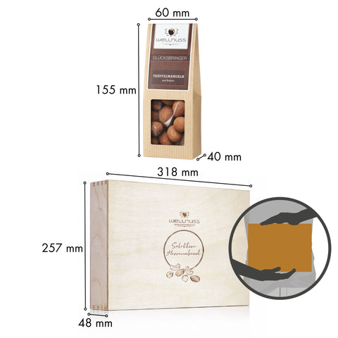 Maße der WELLNUSS Herrenabend Birkenholzbox und Snackverpackungen. Stilvolles Design und kompakte Größe – ideal als Geschenk.