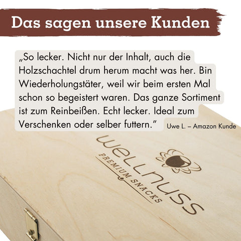 Selektion Ladies Night - 8 Premium Snacks in der Birkenholzbox - wellnuss Premium Präsente