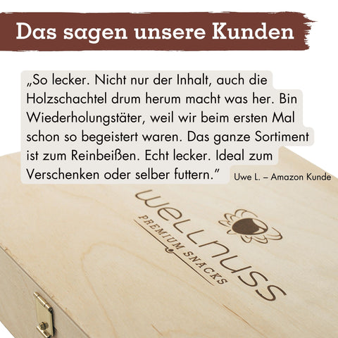 Kundenbewertung zur WELLNUSS Herrenabend Snackbox. Begeisterte Rezension über Geschmack und hochwertige Verpackung als Geschenkidee.
