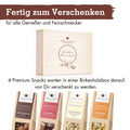 WELLNUSS Herrenabend Geschenk-Set mit 4 Premium-Snacks in stilvoller Birkenholzbox. Perfekt für Genießer und besondere Anlässe.