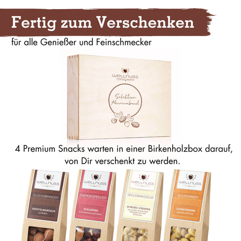 WELLNUSS Herrenabend Geschenk-Set mit 4 Premium-Snacks in stilvoller Birkenholzbox. Perfekt für Genießer und besondere Anlässe.