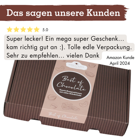 Kundenbewertung für das Geschenkset Schokolade 'Best of Chocolate': 5 Sterne, edle Verpackung, perfekt als Geschenk für Schokoladenliebhaber.