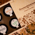 4 Gourmet Gewürze im Gourmetkästchen aus Birkenholz - wellnuss Premium Präsente