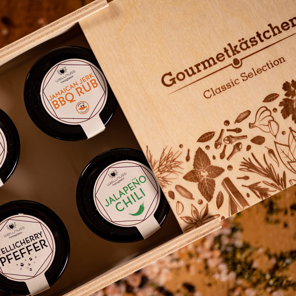 4 Gourmet Gewürze im Gourmetkästchen aus Birkenholz