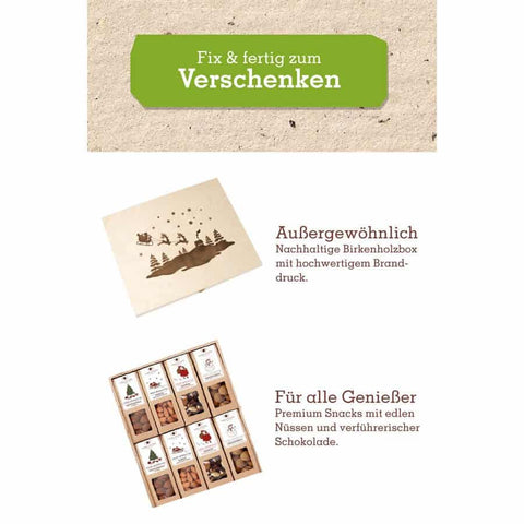 "Limitierte Weihnachtsedition" - 8 Weihnachts-Snacks in der Birkenholzbox - wellnuss Premium Präsente