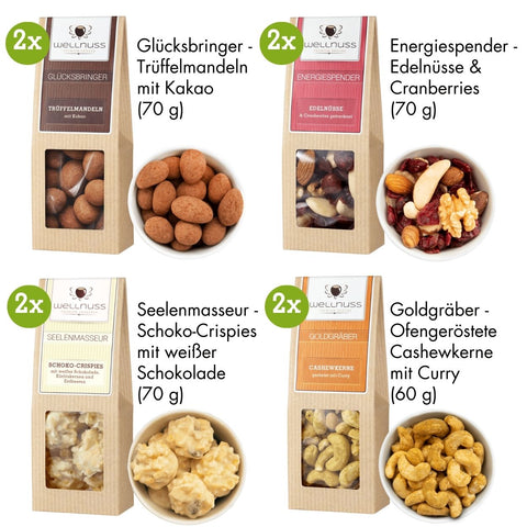 Selektion Ladies Night - 8 Premium Snacks in der Birkenholzbox - wellnuss Premium Präsente