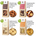 Übersicht der 8 Snack-Sorten in der WELLNUSS Herrenabend Box. Enthält Trüffelmandeln, Schoko-Crispies, Cashewkerne und edle Nussmischungen.
