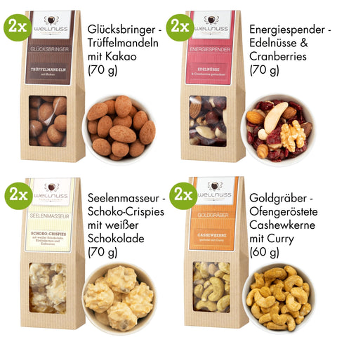 Übersicht der 8 Snack-Sorten in der WELLNUSS Herrenabend Box. Enthält Trüffelmandeln, Schoko-Crispies, Cashewkerne und edle Nussmischungen.