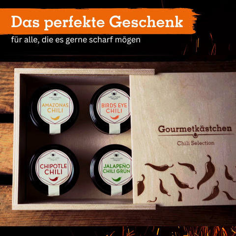 Geschenkset mit 4 Chilisorten im edlen Gourmetkästchen - wellnuss Premium Präsente