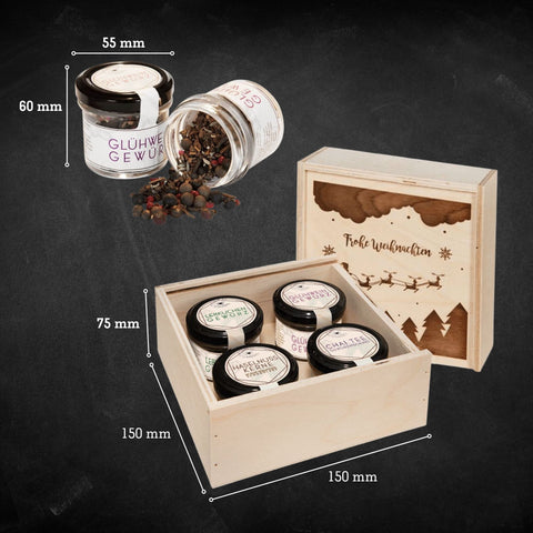 Gourmetkästchen mit Lebkuchengewürz, Glühweingewürz, Chai Tee und Haselnusskerne mit Vollmilchschokolade & Zimt - wellnuss Premium Präsente