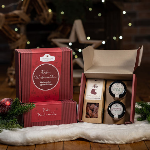 Gebrannte Mandeln, Lebkuchen- und  Glühweingewürz im Geschenkkarton - wellnuss Premium Präsente