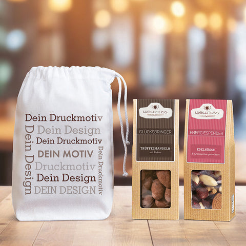 2 Premium Snacks im Baumwollsäckchen mit Logo - wellnuss Premium Präsente
