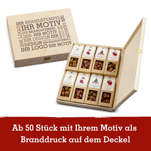 8 Weihnachts-Snacks in der Birkenholzbox mit Logo - wellnuss Premium Präsente