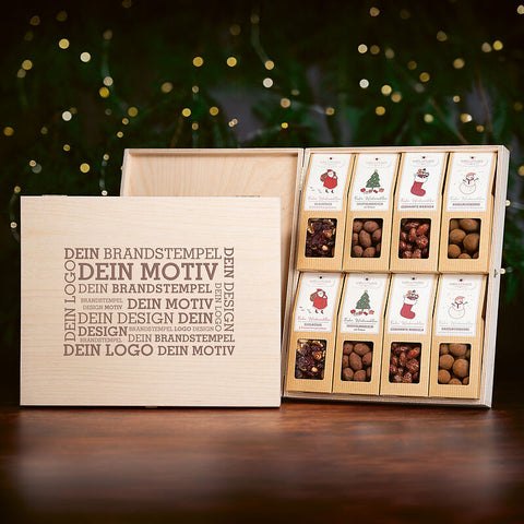 8 Weihnachts-Snacks in der Birkenholzbox mit Logo