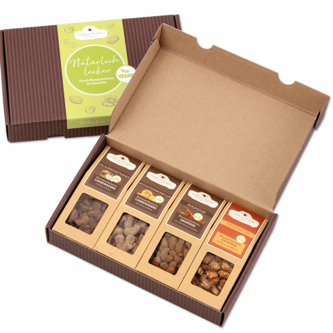 4 vegane Premium Snacks im Geschenkkarton - wellnuss Premium Präsente