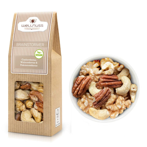 Brainstormer Nussmischung mit Cashewkernen, Walnusskernen und Pekannusskernen in umweltfreundlicher Verpackung. Perfekte Snackmischung für Genießer.