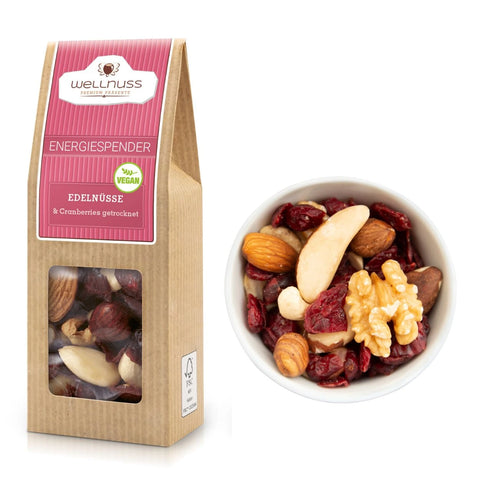 Energiespender - Cranberries & Edelnüsse (70 g) in nachhaltiger Verpackung mit Sichtfenster. Perfekter Snack-Mix aus süßen Cranberries und knackigen Nüssen.
