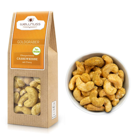 Goldgräber Ofengeröstete Cashewkerne mit Curry in 60 g Verpackung. Knackige, fettarm geröstete Cashews mit würzig-fruchtigem Currymantel.