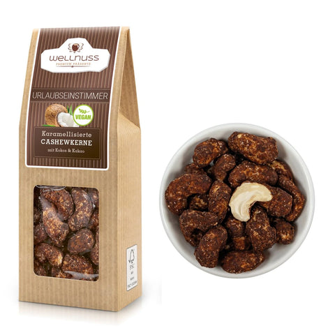 Urlaubseinstimmer - Karamellisierte Cashewkerne mit Kokos & Kakao (60 g) in einer umweltfreundlichen Verpackung mit Sichtfenster. Perfekt für einen exotischen Snack-Moment.