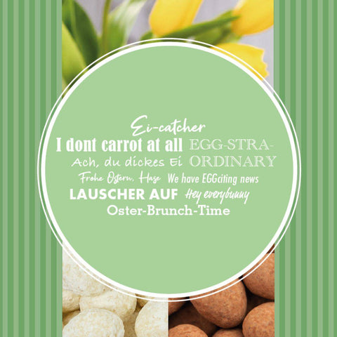Kreative Osterbotschaften und Wortspiele auf grünem Hintergrund. Perfekt für Osterbrunch und festliche Geschenkideen mit humorvollem Touch.