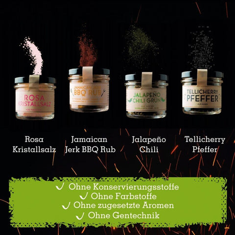 Geschenkset mit 4 Gourmetgewürzen im edlen Gourmetkästchen - wellnuss Premium Präsente