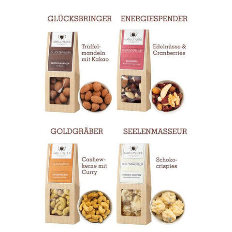 Selektion von 4 Snacks in Birkenholzbox - Frohe Weihnachten - wellnuss Premium Präsente