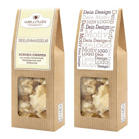 Schoko-Crispies mit weißer Schokolade, Kürbiskernen und Erdbeere