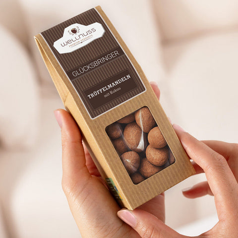 Trüffelmandeln mit Kakao in der Faltschachtel