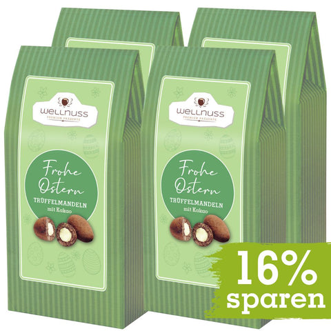 Vorteilspackung mit vier Maxi Faltschachteln der Oster Edition, Trüffelmandeln mit Kakao, 16% Ersparnis.